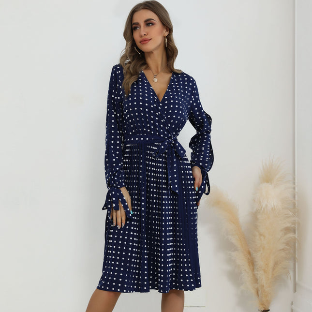 Wholesale Women's Spring Autumn Pleated Lace Hollow Polka Dot Dress