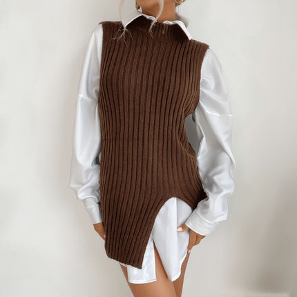 Wholesale Ladies Autumn Winter Slit Vest Sleeveless Stripe Sweater Dress