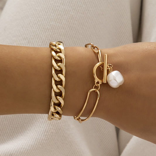 Simple Imitation Pearl Pendant Bracelet Set Metal Chain Jewelry