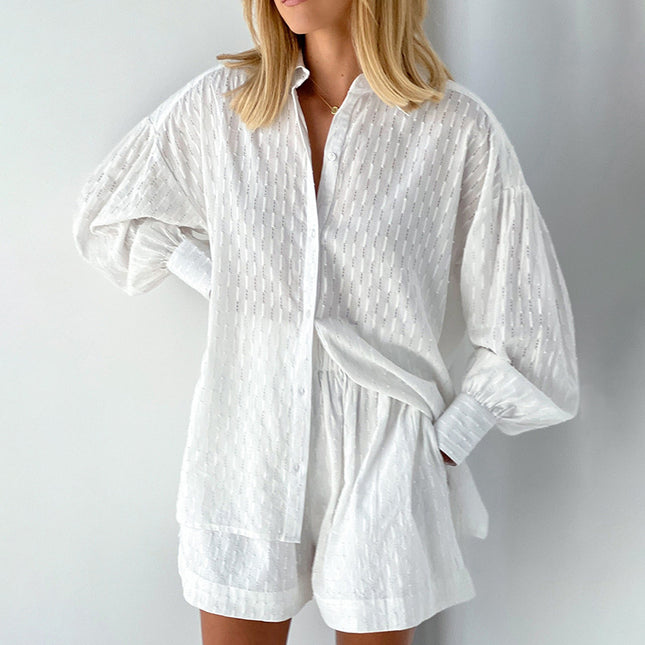 Wholesale Women's Casual Hollow Jacquard Long Sleeve Shirt Shorts Two Piece Set