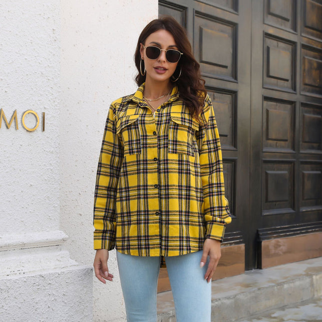 Women's Brushed Long Sleeve Mid Length Loose Check Shirt