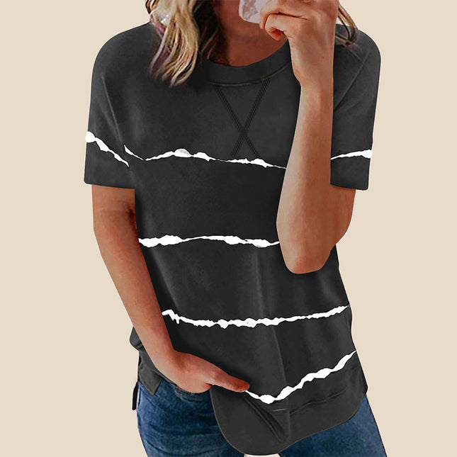 Lockeres Kurzarm-T-Shirt mit Rundhalsausschnitt und Streifendruck