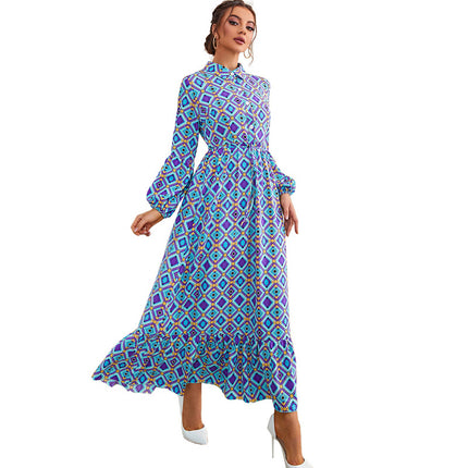 Wholesale Ladies Long Sleeve Retro Narrow Waist Printed Long Dress
