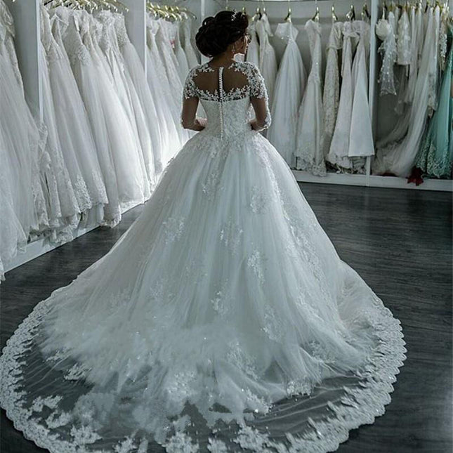 Wholesale High Neck Long Sleeve Trailing Lace Bridal Wedding Dress