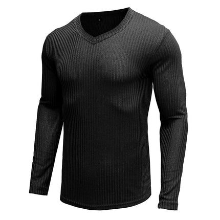 Wholesale Men's Fall Winter Solid Color V Neck Long Sleeve Sweater T-shirts