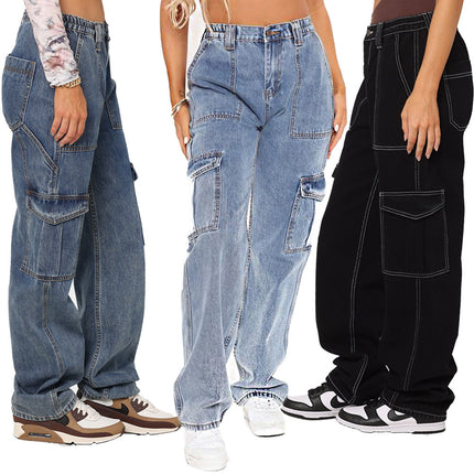 Vaqueros lavados con cintura elástica y cintura alta con múltiples bolsillos para mujer