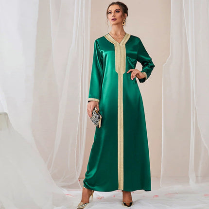 Muslimisches Herbst-Nahost-Dubai-V-Ausschnitt-Damen-langes Kleid