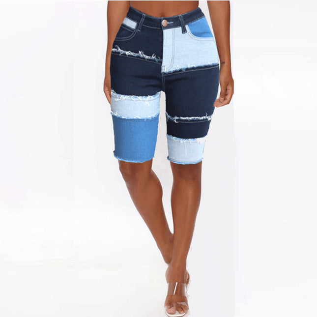 Wholesale Women's High Elastic Hip Lift Patchwork Cropped Denim Shorts