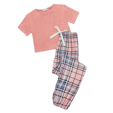 Ladies Homewear Plaid Short Sleeve Trousers Pajama Set