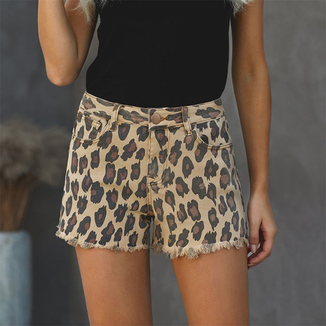 Wholesale Women's High Waisted Lounge Leopard Print Jeans Shorts