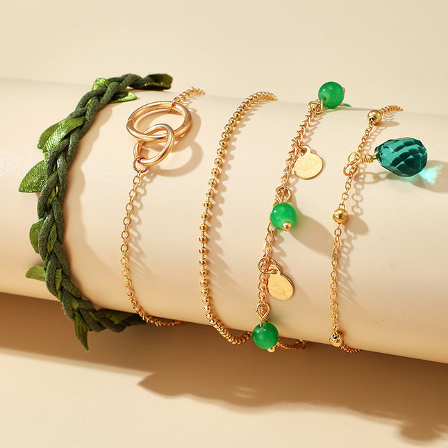 Green Ball Chain Five Layer Bracelet Fabric Leaf Ring Layer Bracelet