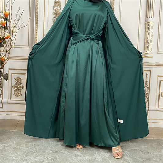 Fashion Satin Long Sleeve Dress Muslim Cardigan Coat Set