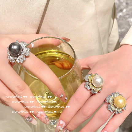Fashion Rose18K Gold Plated Shell Pearl Zircon Ring