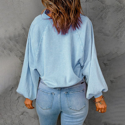 Blau gemusterter Pullover-Hoodie mit langen Ärmeln für Damen