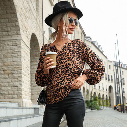 Wholesale Women's Autumn Pullover Leopard Print Chiffon Shirt