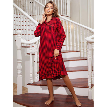 Camisón de mujer de otoño e invierno al por mayor, pijamas sueltos de longitud media con rejilla roja