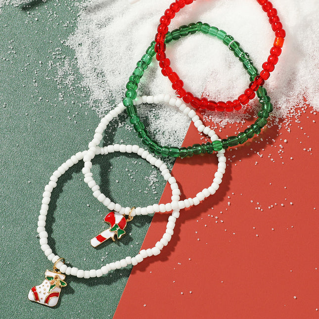 Weihnachtsarmband-Set, handgefertigt, bunte Reisperlen, Cane-Sockenarmband