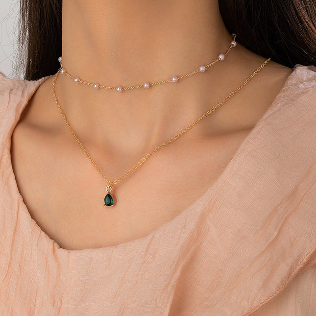 Emerald Emerald and Pearl Chain Tiered Necklace