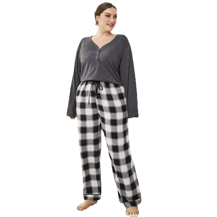 Wholesale Plus Size Ladies Pajamas Plaid Long Sleeve Plus Homewear Two-Piece Set