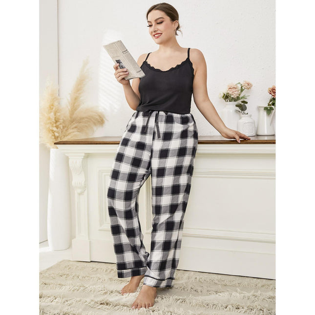 Großhandel Pyjamas Plus Size Plaid Spitzenbesatz Hosenträger Damen Homewear Set