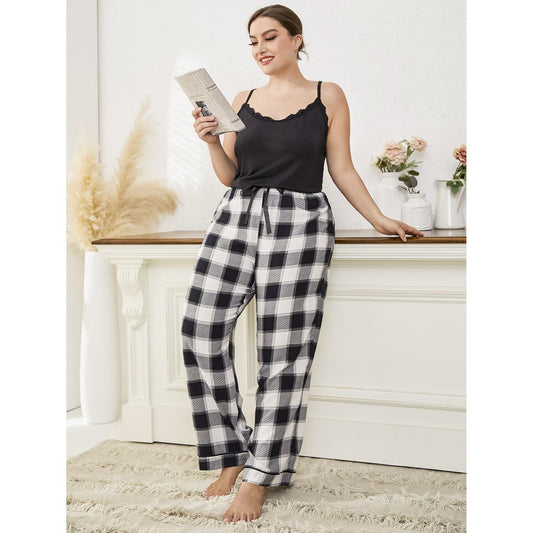 Wholesale Pajamas Plus Size Plaid Lace Trim Suspender Ladies Homewear Set