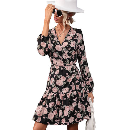 Wholesale Women's French Floral Long Sleeve V-Neck Dress