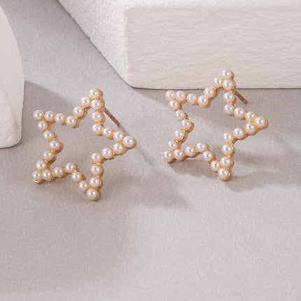 Pentagram Pearl Inlaid Geometric Openwork Regular Stud Earrings