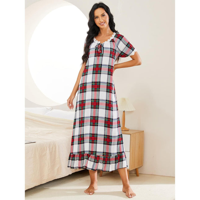 Frühlings- und Herbst-Damen-Plaid-Kurzarm-Einteiler-Homewear-Pyjama-Kleid