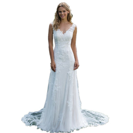Wholesale Bride Simple Lace V Neck A Swing Wedding Dress