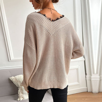 Wholesale Women's Autumn/Winter Stitching Lace Pullover V-Neck Sweater
