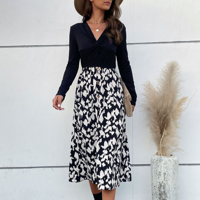 Damen Herbst V-Ausschnitt Langarm Kink Panel Kleid