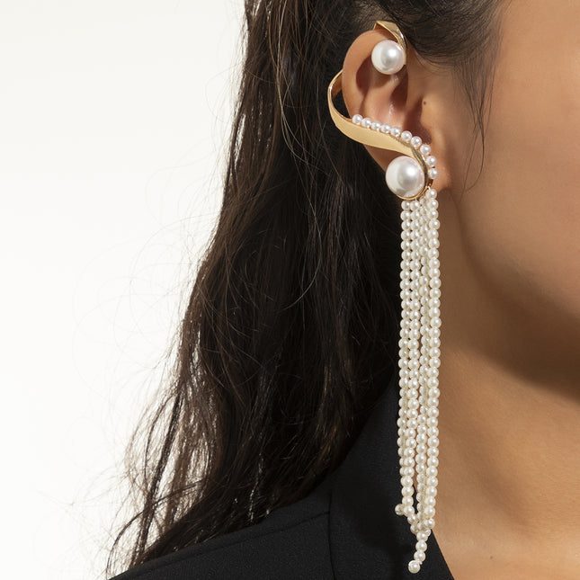 Wholesale Pearl Long Tassel Stud Earrings Metal S Shaped Ear Cuffs