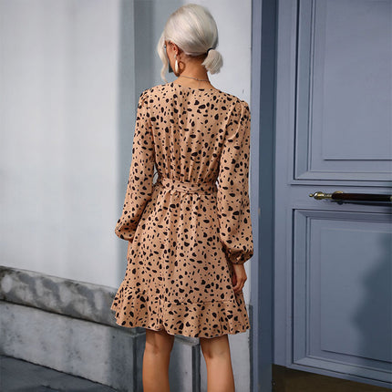 Wholesale Women's Autumn Lace-Up V-Neck Leopard Print Ruffle Dress