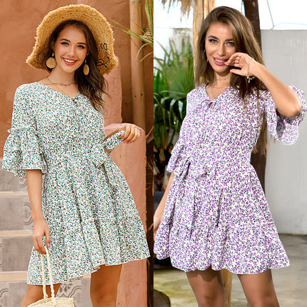 Wholesale Ladies Summer Floral Trumpet Mid-sleeve Ruffled Strappy Dress