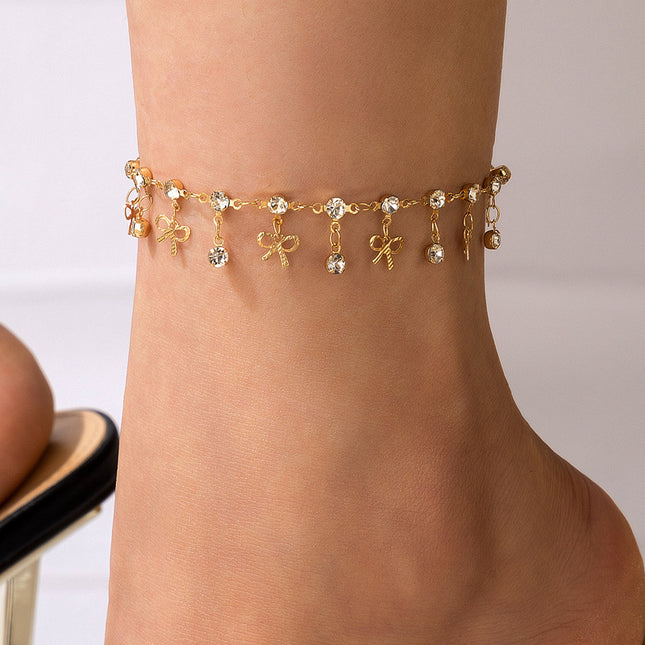 Rhinestone Tassel Fashion Bow Single Layer Anklet