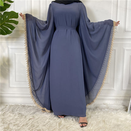 Muslim Ladies Lace Stitching Loose Tie Long Sleeve Robe