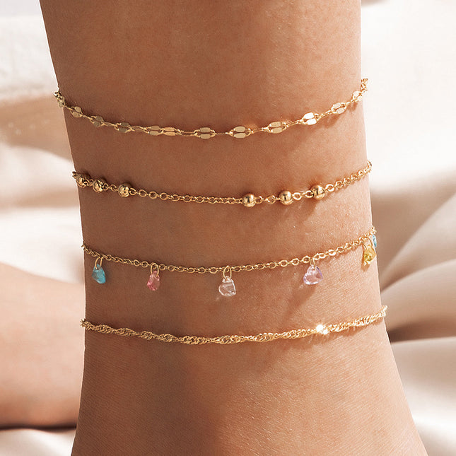 Colorful Imitation Gemstone Heart Alloy Beads Four-Piece Anklet Set
