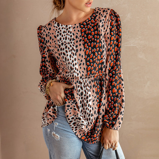Camiseta de cuello redondo suelto informal de manga larga con estampado de leopardo