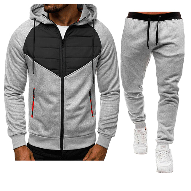 Wholesale Men's Casual Stitching Zipper Cardigan Hoodie Jacket Jogger Two Piece Set