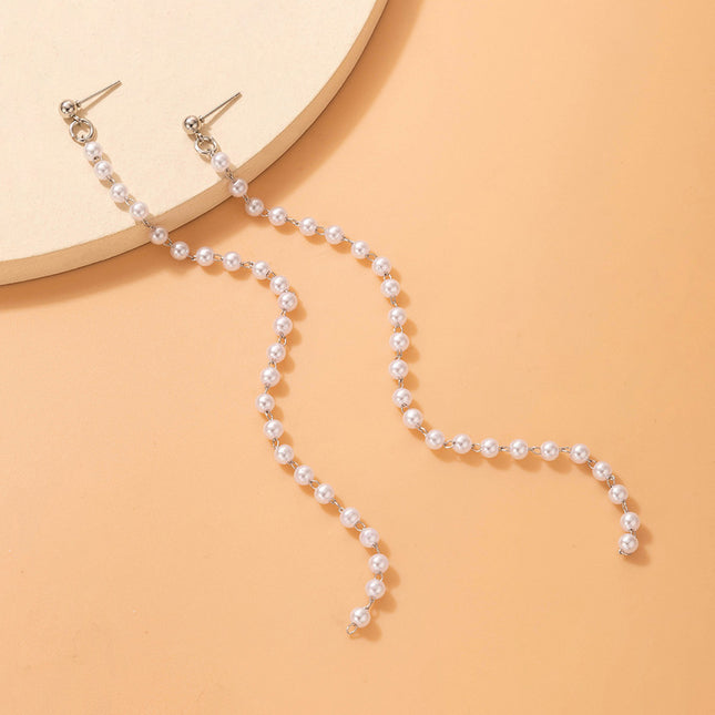 Pendientes de cadena larga de perlas Pendientes de botón de borla con cuentas geométricas