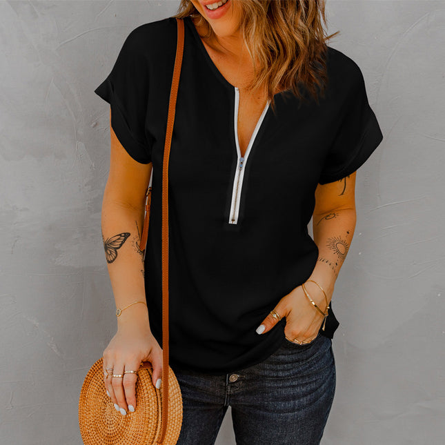 Wholesale Women's Solid Color Round Neck Loose Zipper Short Sleeve Shirt