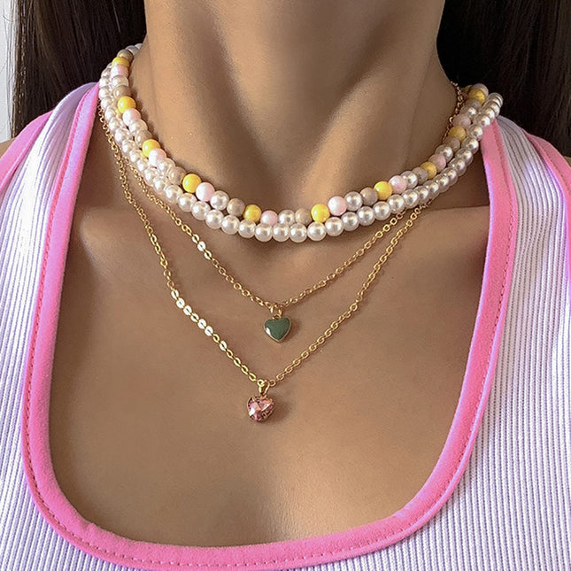 Vintage Colorful Pearl Oil Painting Heart Rhinestone Necklace