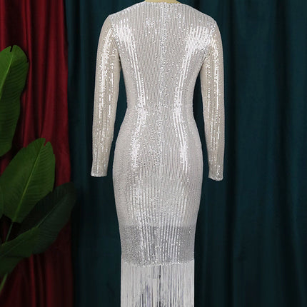 Ladies V Neck Sequin High Stretch Slit Tassel Evening Dress