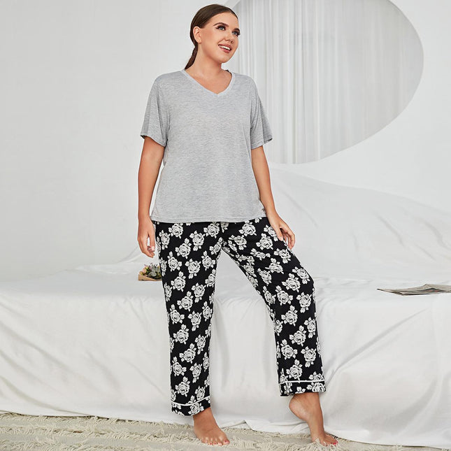 Wholesale Plus Size Ladies Pajamas Short Sleeve Top Trousers Homewear Set