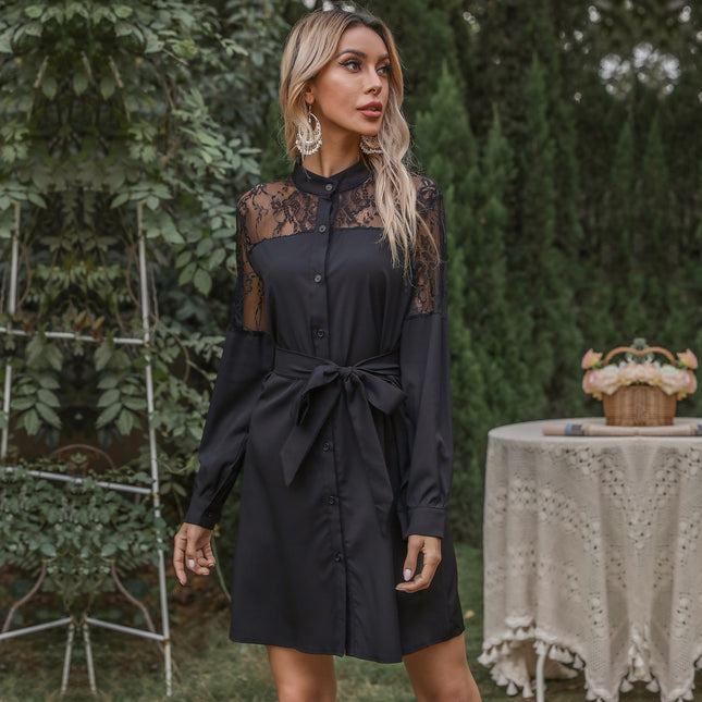 Wholesale Women's Autumn Lace See-Through Long Sleeve Shirt Dress
