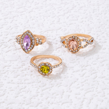 Colorful Rhinestone Three-Piece Ring Set