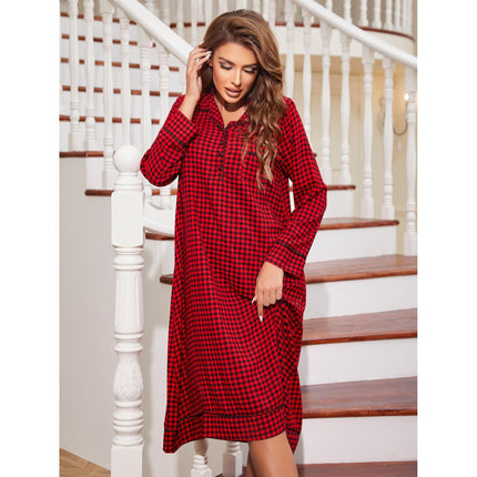 Wholesale Autumn Winter Ladies Nightdress Red Grid Loose Mid-length Pajamas