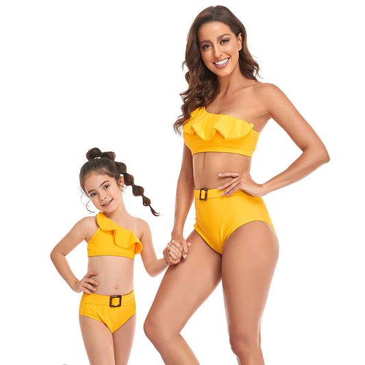 Mother and Daughter Parent-child Cross Shoulder Split Swimsuit