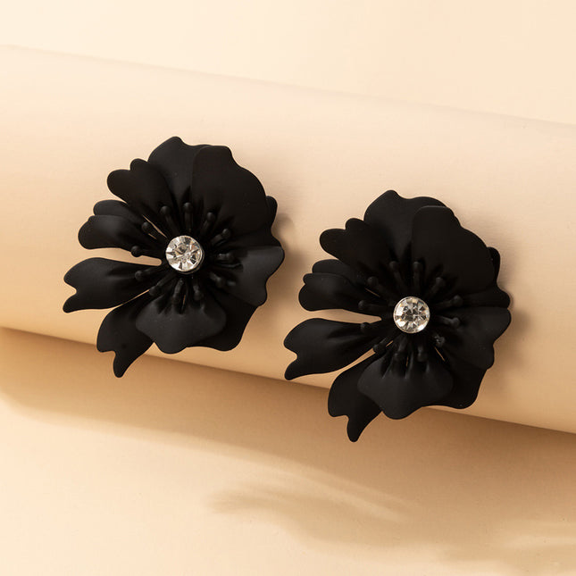 Wholesale Alloy Ladies Black Flower Rhinestone Earrings