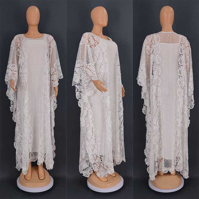 Wholesale African Ladies Water Soluble Lace Loose Long Burqa Suspender Dress Two Piece Set